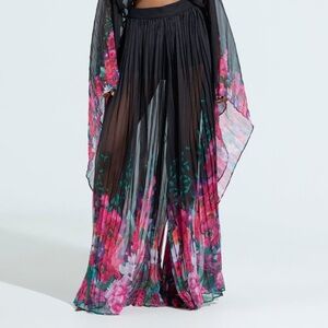 AKIRA Julie Floral Mesh Wide Leg Trouser Sheer Overlay High Rise XL